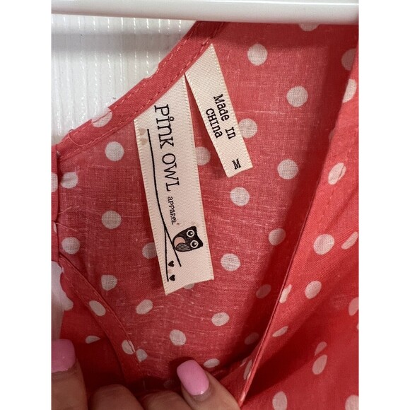 Pink Owl Womens Coral Polka Dot Sleeveless Pullover Tank Dress Size M Bow Back - Picture 6 of 8